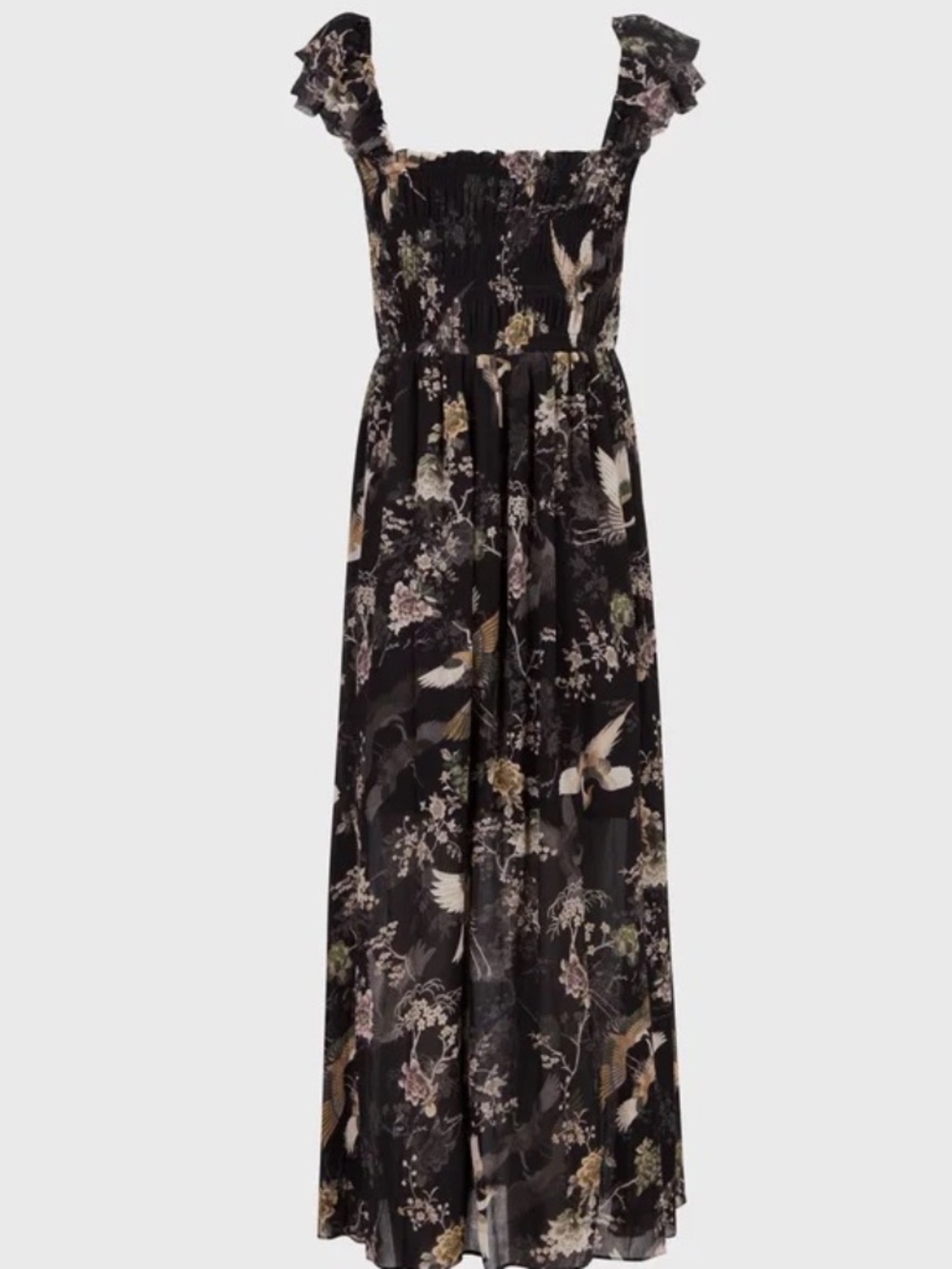 All Saints -  Mali Amare Black Smocked Midi Dress - Picture 2 of 6